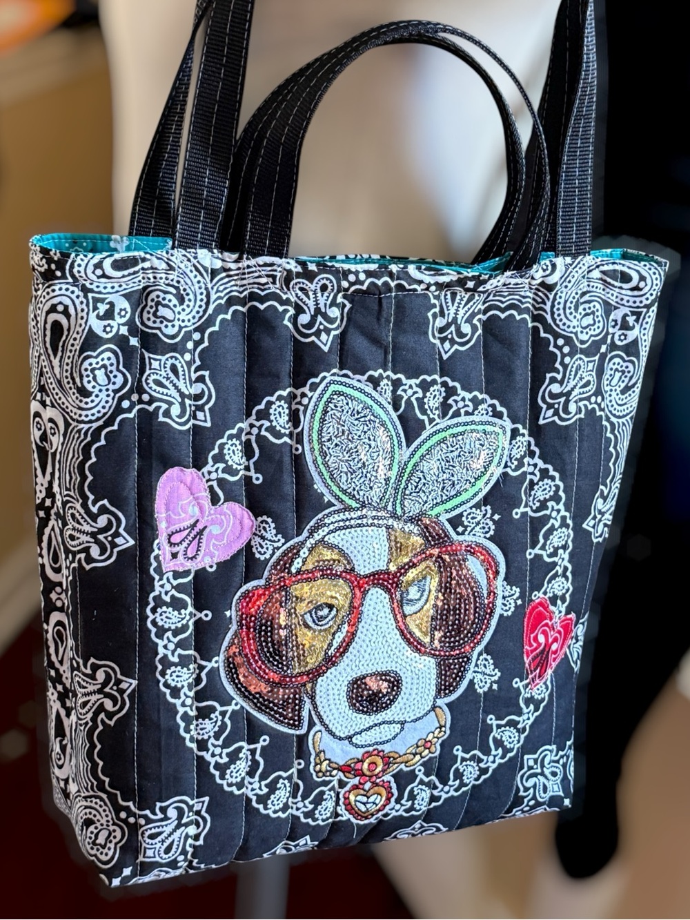 WHERE DID YOU GET THAT BAG Quirky Dog Face Quilted Bandana Tote Handmade NEW